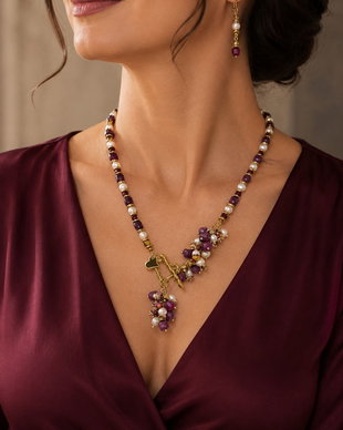 SET~BURGUNDY ELEGANCE~jad fațetat,perle de cultură,hematit electroplacat,accesorii placate cu aur,inox