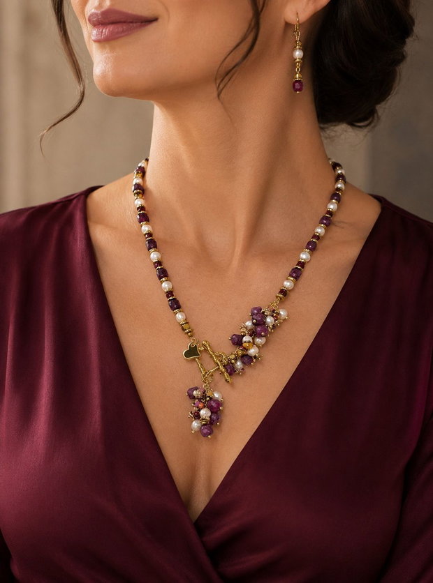 SET~BURGUNDY ELEGANCE~jad fațetat,perle de cultură,hematit electroplacat,accesorii placate cu aur,inox