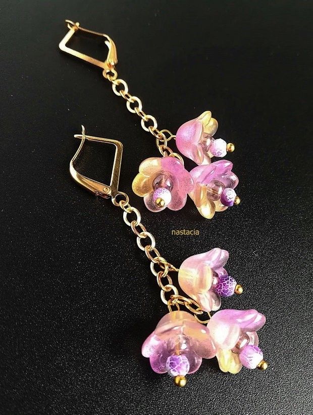 cercei flori clopotei violet galben si agate