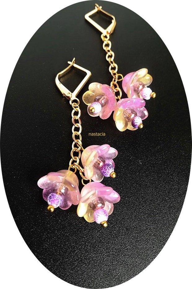cercei flori clopotei violet galben si agate