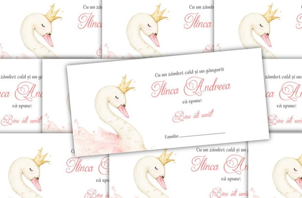 Plic de bani botez fetiță model elegant cu lebădă și coroniță