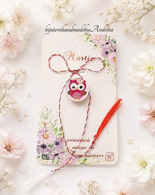 Brosa martisor cabochon sticla 16mm bufnita