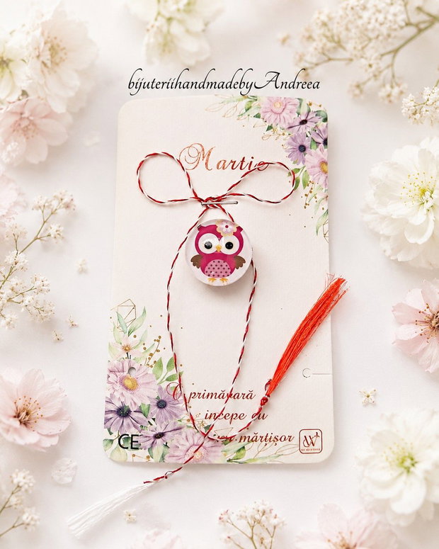 Brosa martisor cabochon sticla 16mm bufnita