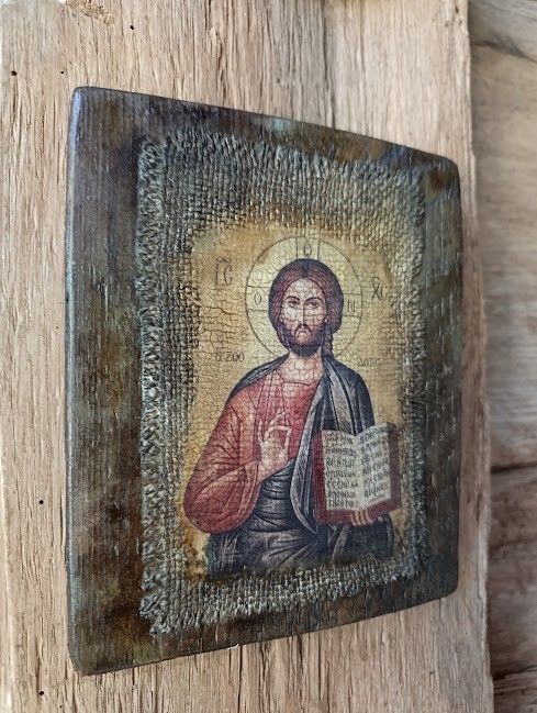 Icoană unicat Iisus Hristos  pe lemn, cu pânză veche și patină antică