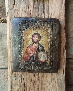 Icoană unicat Iisus Hristos  pe lemn, cu pânză veche și patină antică