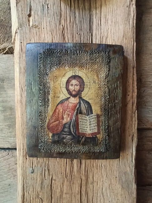 Icoană unicat Iisus Hristos  pe lemn, cu pânză veche și patină antică