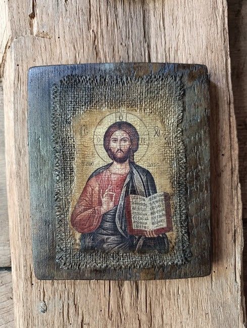 Icoană unicat Iisus Hristos  pe lemn, cu pânză veche și patină antică