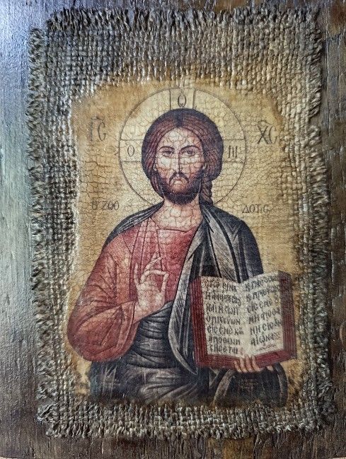 Icoană unicat Iisus Hristos  pe lemn, cu pânză veche și patină antică