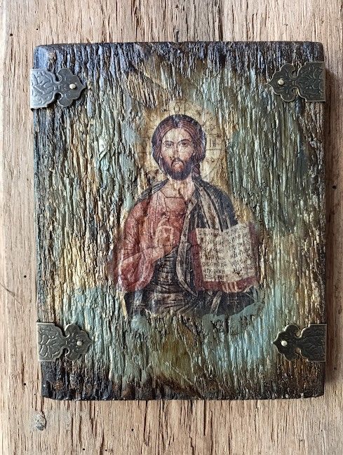 Icoană antichizata Iisus Hristos  lumină divină pe lemn cu patină și metal