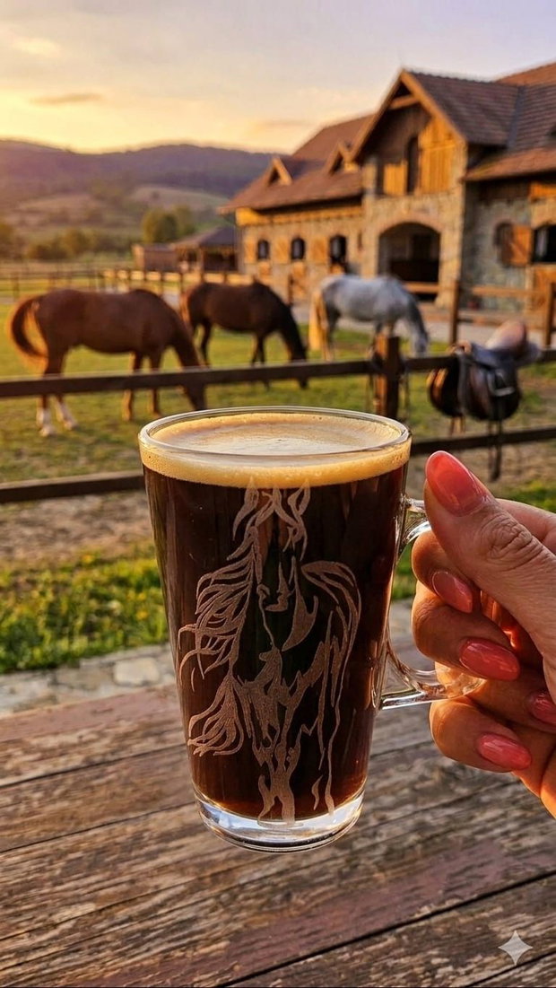 Cană din sticlă gravată manual cu cal - Cadou personalizat pentru pasionații de echitație