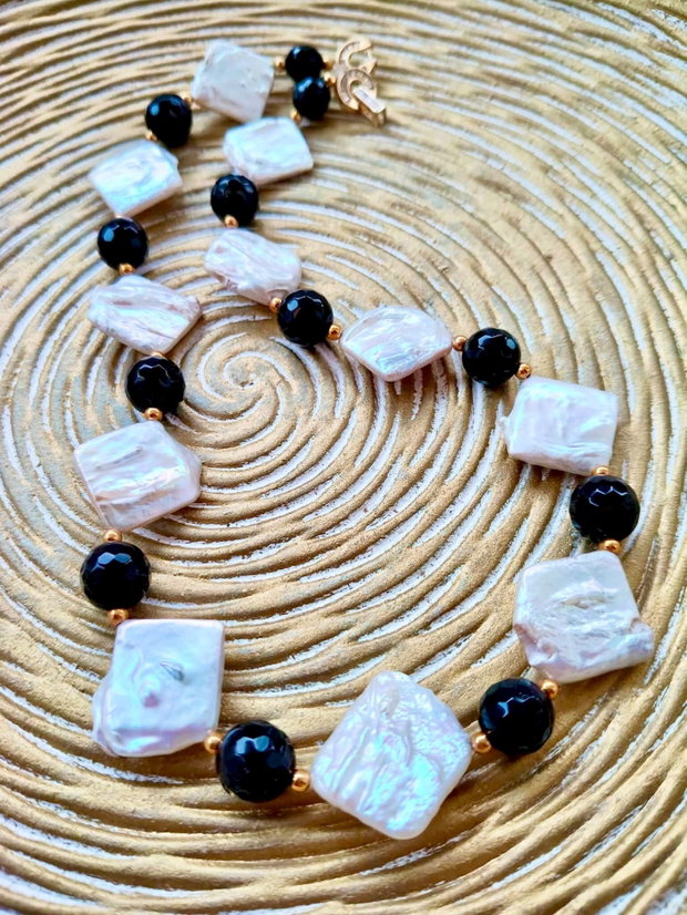 Colier perle baroc & onix negru
