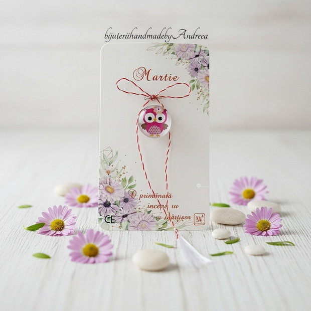 Brosa martisor cabochon sticla 16mm bufnita