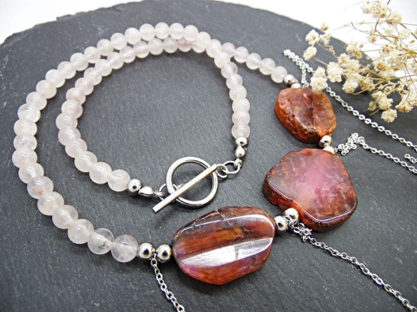 Colier handmade unicat - agate si cuart (cod1186)
