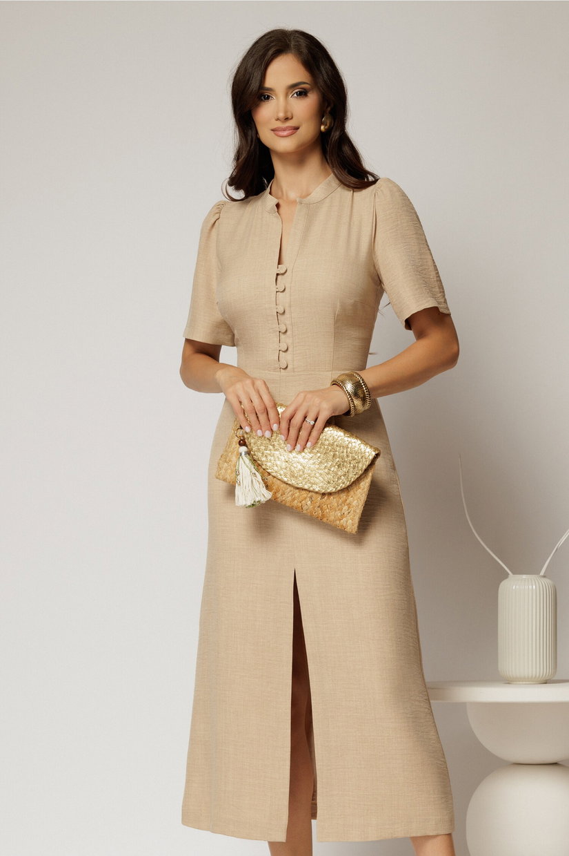Rochie DY Fashion bej de zi de vara cu maneci scurte si nasturi la bust