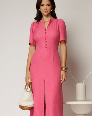 Rochie DY Fashion fucsia de zi de vara cu maneci scurte si nasturi la bust