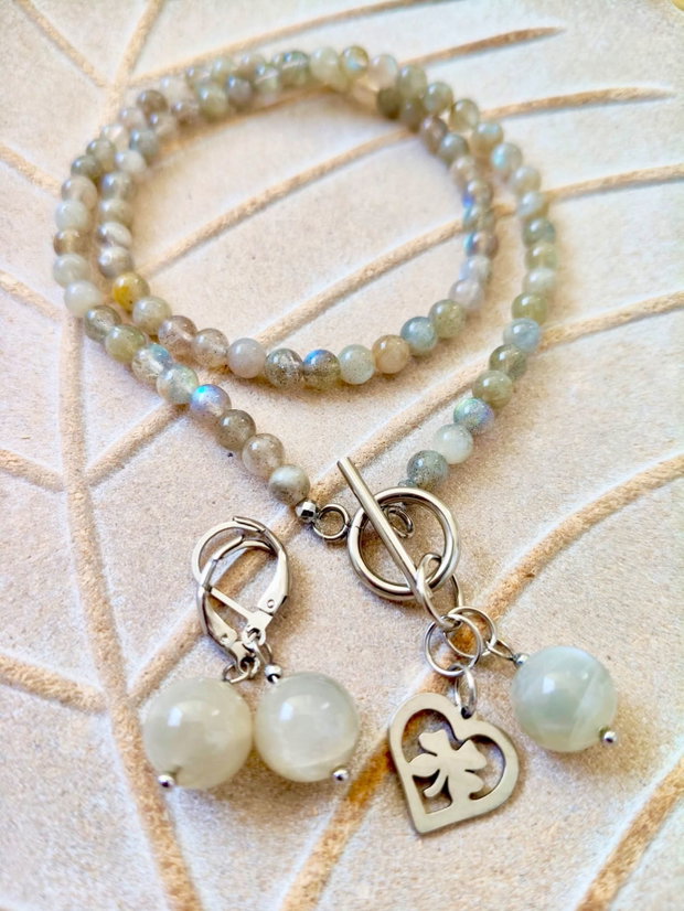 Set Colier CHOKER și cercei labradorit & piatra lunii