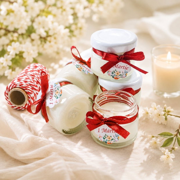 Mărțișor lumânare parfumată din ceară naturală turnată manual, culoare alb