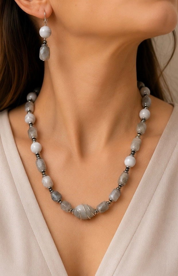 SET~FROZEN AURA~labradorit,agate,hematit electroplacat,inox