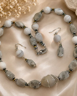 SET~FROZEN AURA~labradorit,agate,hematit electroplacat,inox