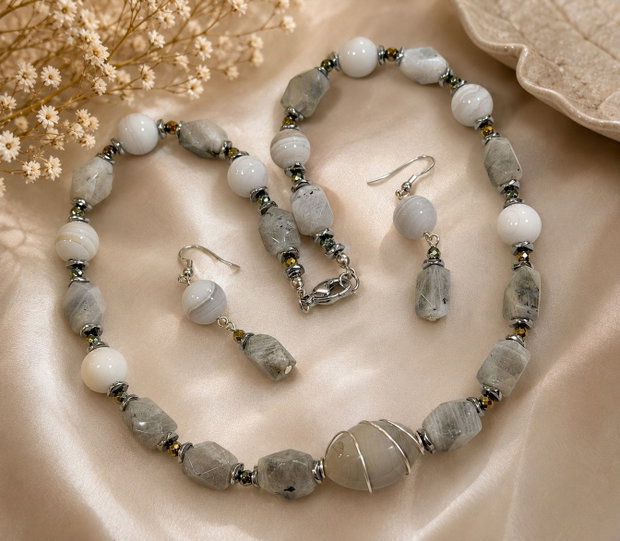 SET~FROZEN AURA~labradorit,agate,hematit electroplacat,inox