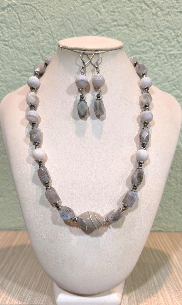 SET~FROZEN AURA~labradorit,agate,hematit electroplacat,inox