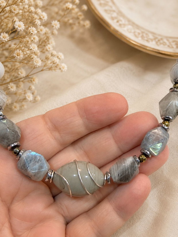 SET~FROZEN AURA~labradorit,agate,hematit electroplacat,inox