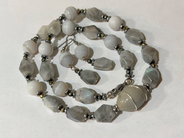 SET~FROZEN AURA~labradorit,agate,hematit electroplacat,inox