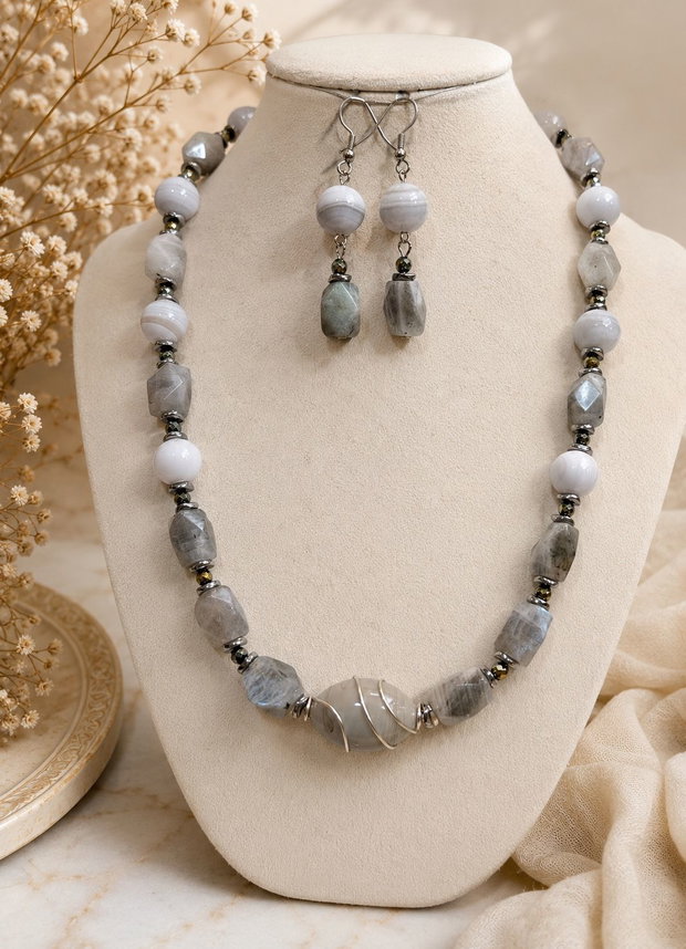 SET~FROZEN AURA~labradorit,agate,hematit electroplacat,inox