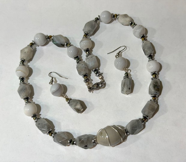 SET~FROZEN AURA~labradorit,agate,hematit electroplacat,inox