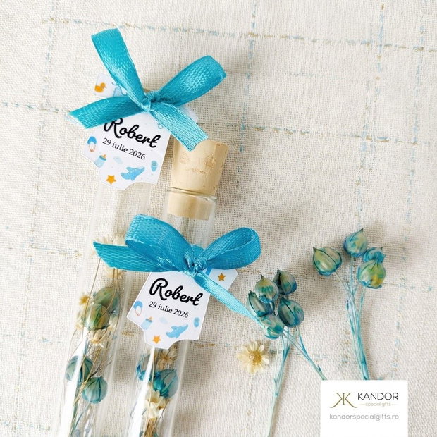 Mărturie de botez eprubetă cu flori băiețel, Kandor Special Gifts