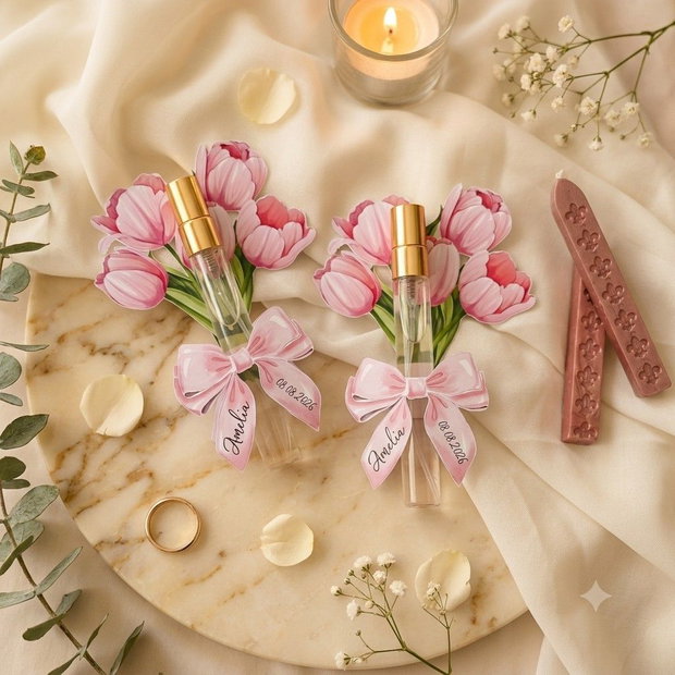 Mărturie de botez sticluță cu parfum Buchet de lalele