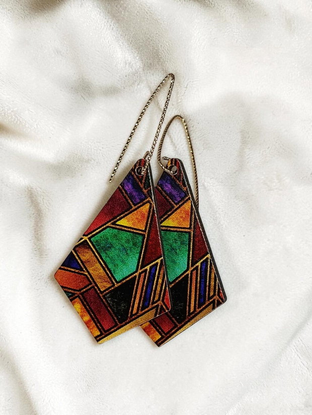 Cercei Handmade din Lemn Model Vitraliu, Hipoalergenici