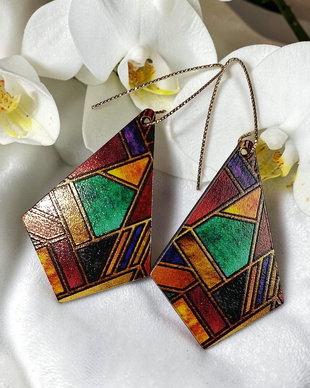 Cercei Handmade din Lemn  Model Vitraliu, Hipoalergenici