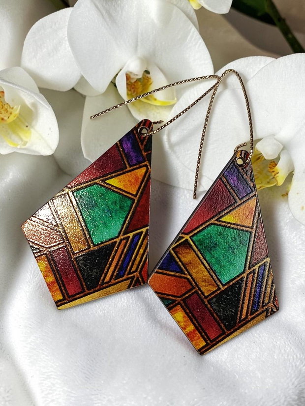 Cercei Handmade din Lemn Model Vitraliu, Hipoalergenici