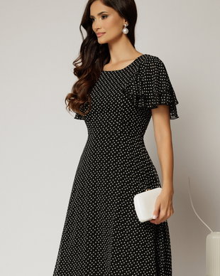 Rochie midi din voal neagra cu buline si volanase la maneci