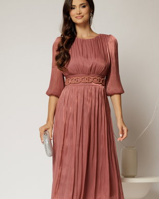 Rochie midi roz coniac de ocazie din voal peliculizat cu cordon detasabil