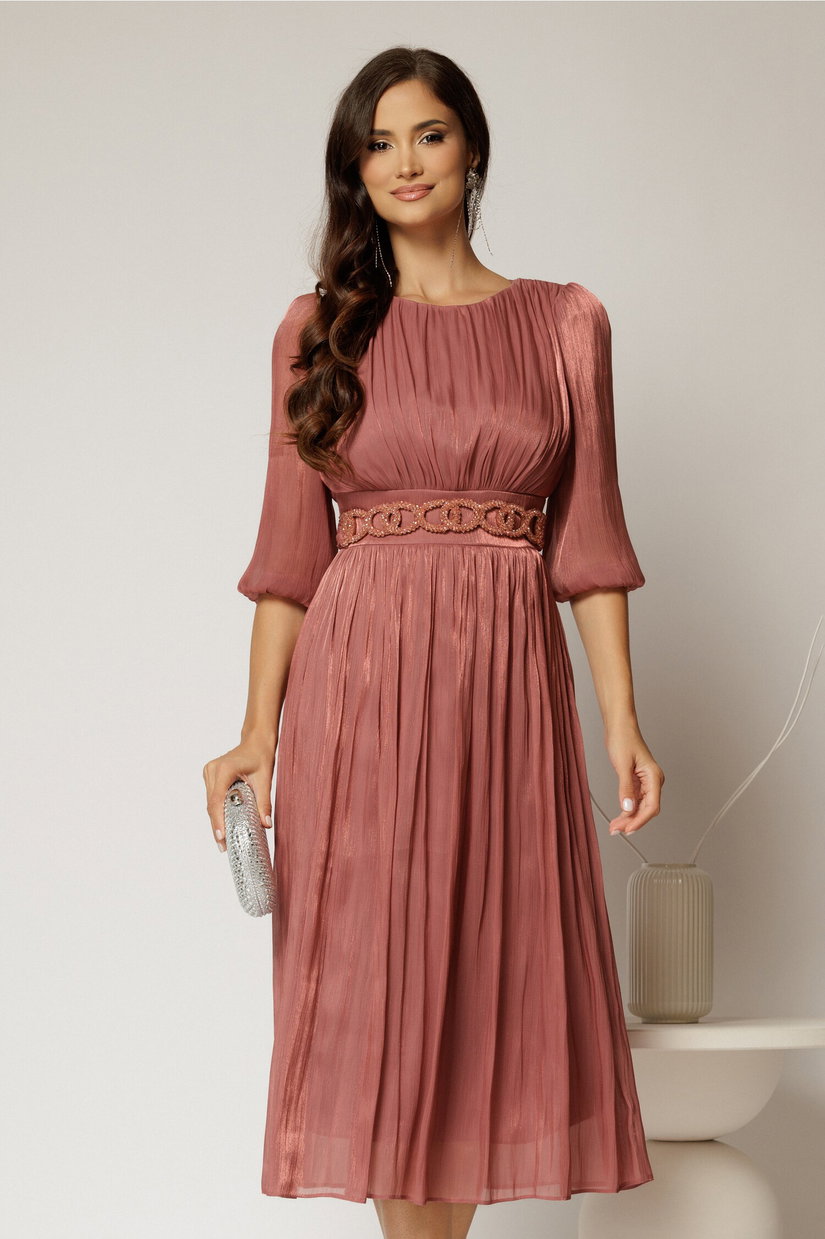 Rochie midi roz coniac de ocazie din voal peliculizat cu cordon detasabil