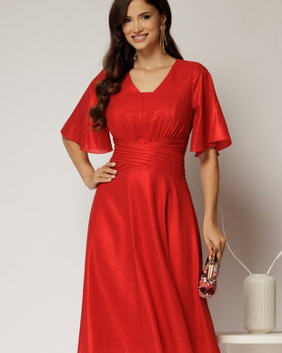 Rochie midi rosie de ocazie din voal cu sidef si decolteu in V