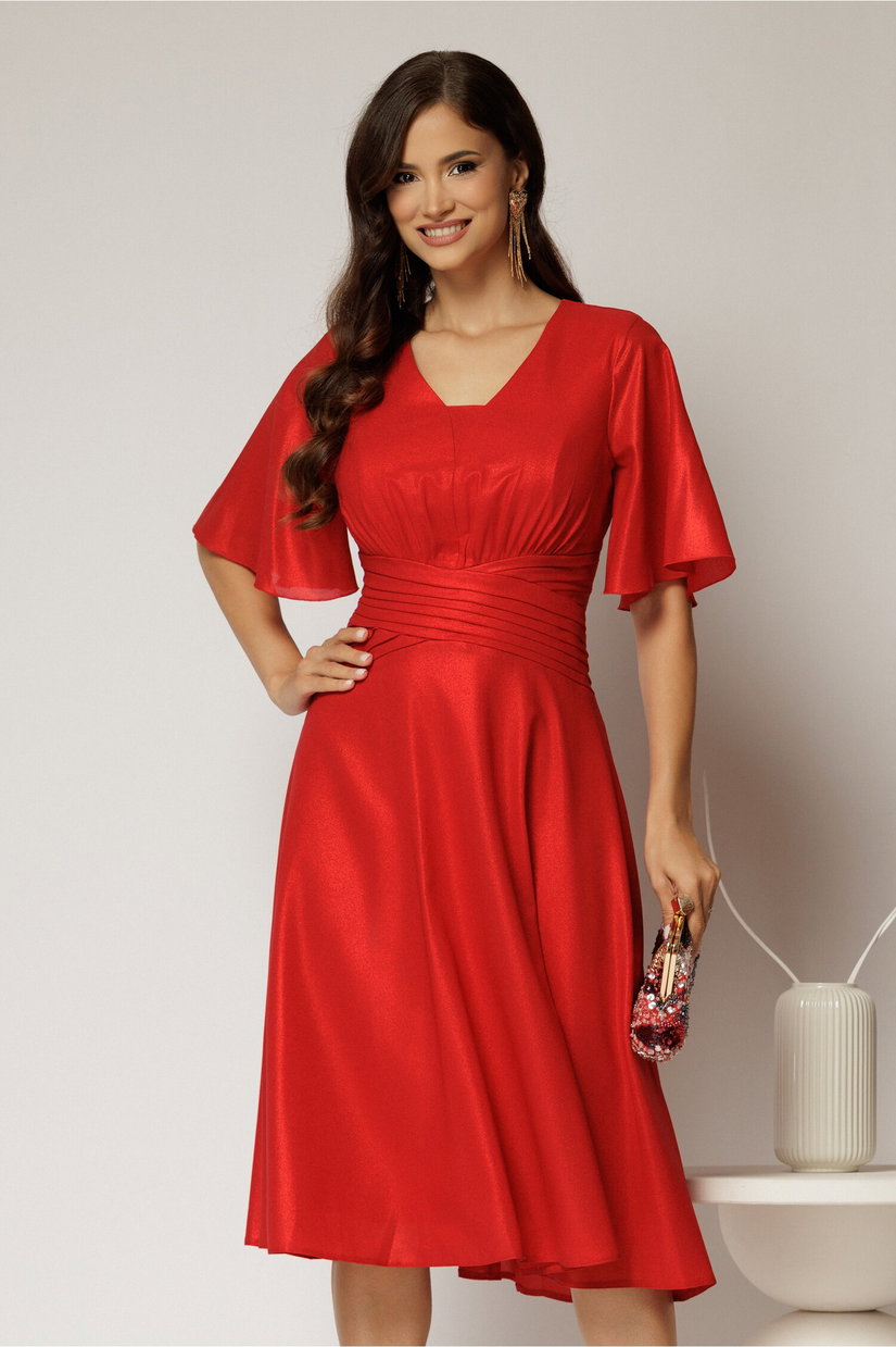 Rochie midi rosie de ocazie din voal cu sidef si decolteu in V