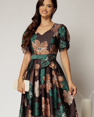 Rochie midi neagra cu imprimeuri verzi si bej din voal satinat si cordon detasabil