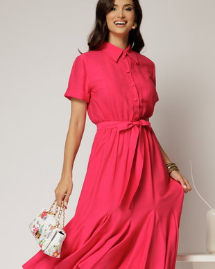 Rochie midi fucsia din viscoza in clos cu nasturi si cordon