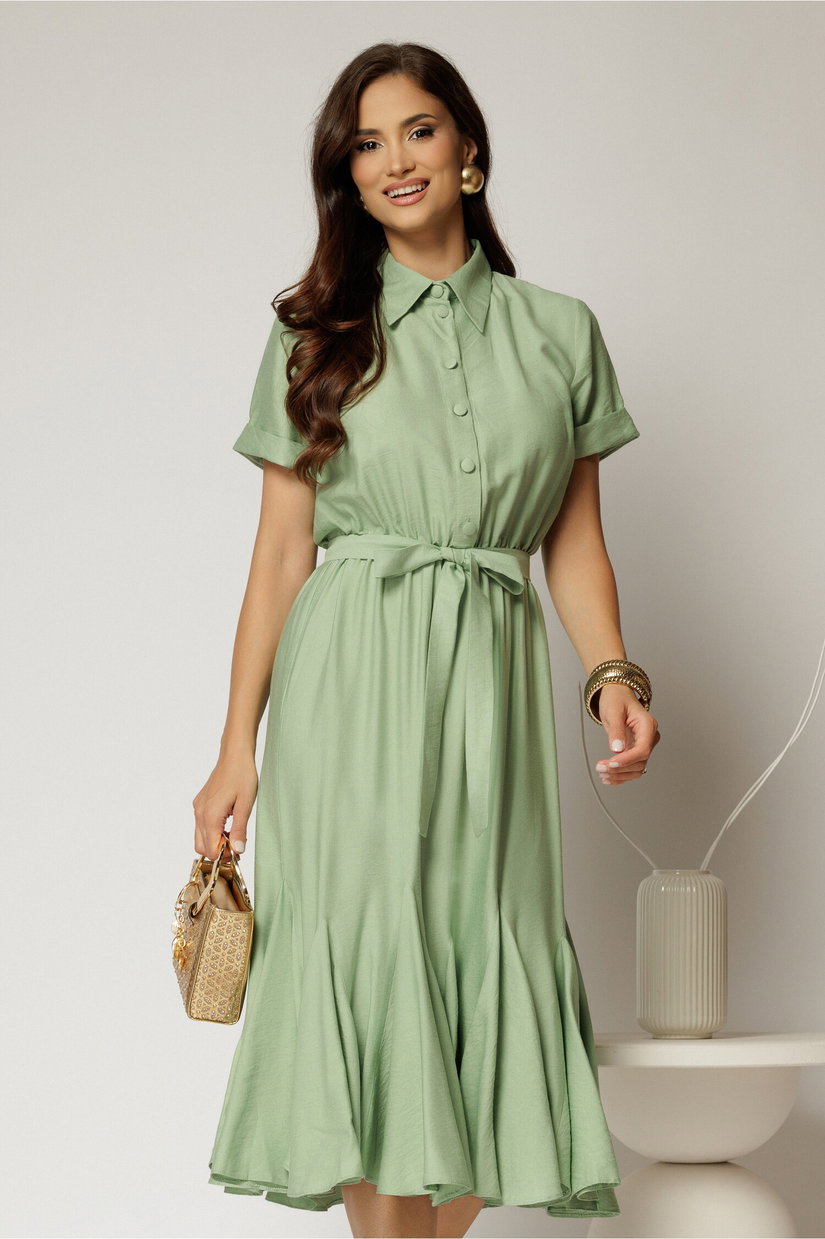 Rochie midi verde fistic din viscoza in clos cu nasturi si cordon