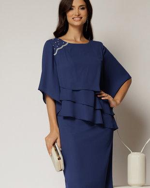 Rochie midi bleumarin de ocazie cu croi drept si perle la decolteu