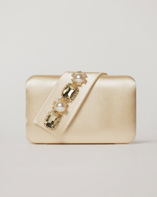 Clutch galben pal elegant din satin cu aplicatii de perle si cristale