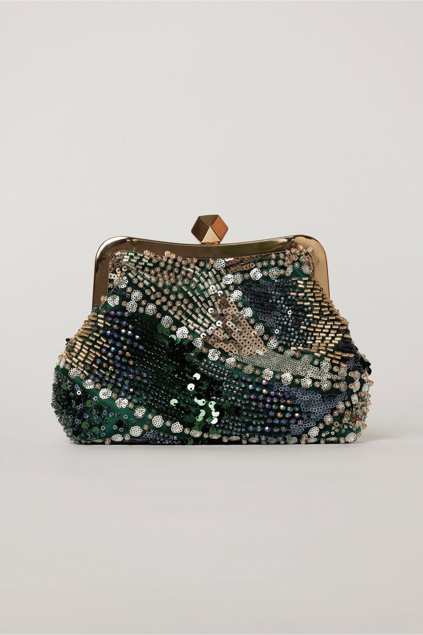 Clutch plic verde cu paiete si margele multicolore