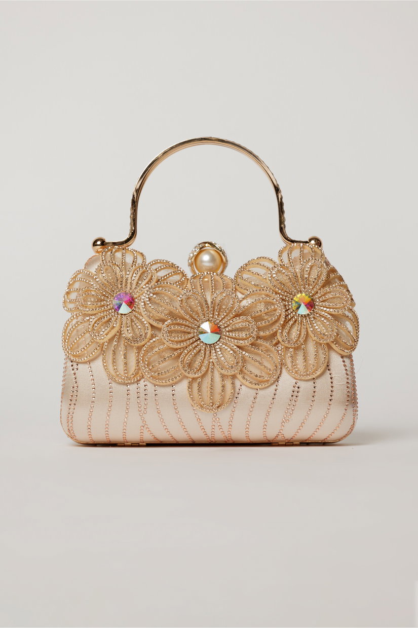 Clutch rose cu design floral aplicatii stralucitoare