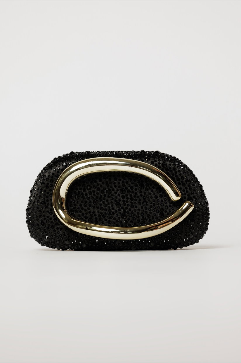 Clutch negru cu design modern stralucitor si maner metalic