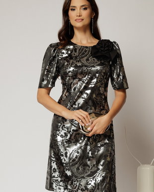 Rochie scurta neagra cu croi drept si imprimeuri argintii