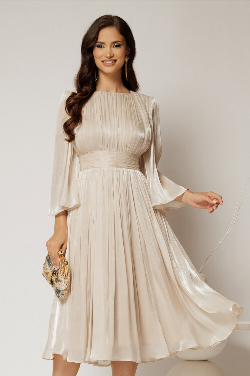 Rochie DY Fashion midi ivoar din voal peliculizat cu maneci ample
