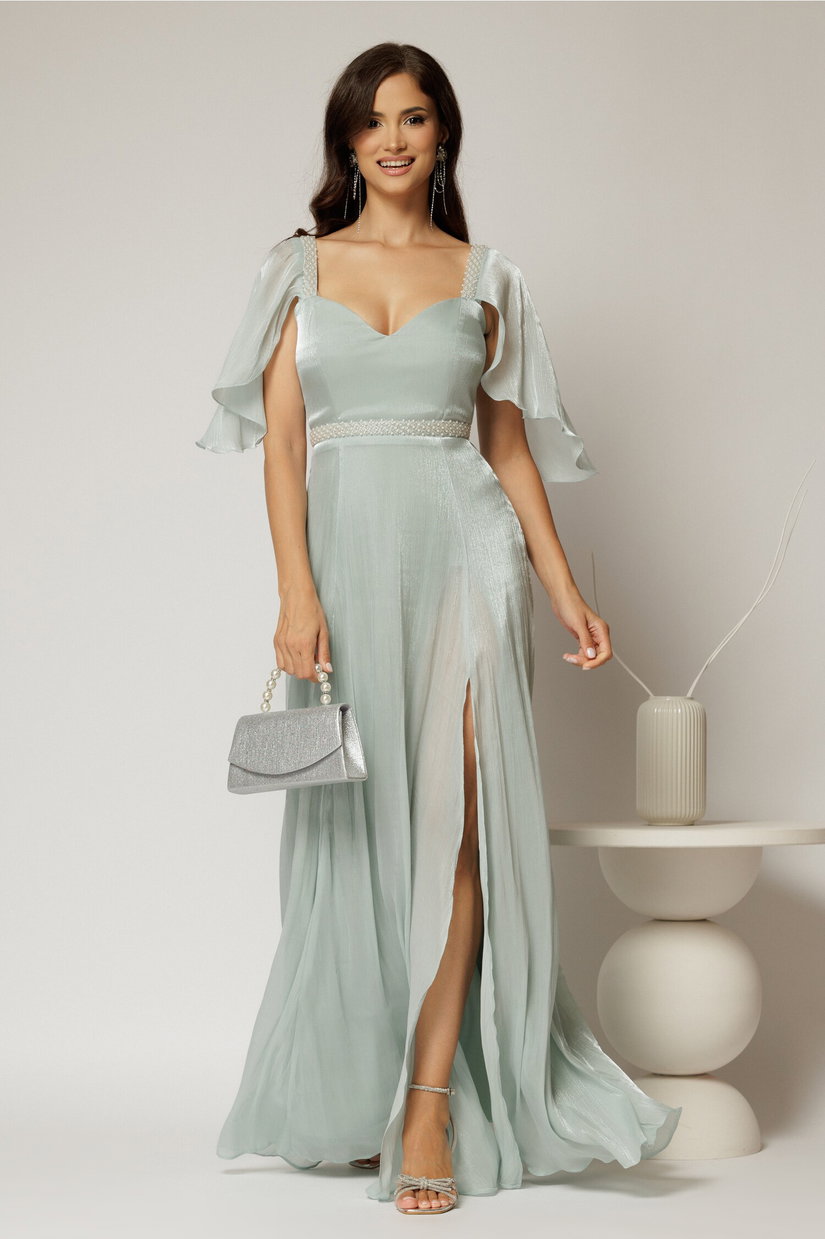 Rochie DY Fashion verde mint lunga de seara cu aplicatii de perle pe talie